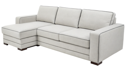 Contemporary light beige sectional sofa with chaise lounge featuring contrasting dark piping perfect for modern living room furniture design on transparent background