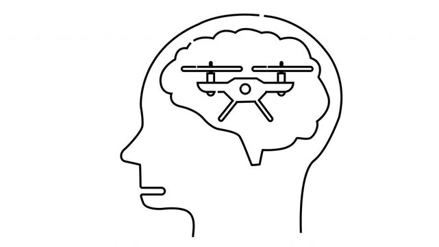 Line drawing of a head profile with a brain containing a drone inside the head