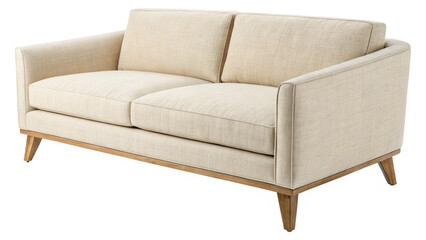 Elegant twoseater sofa featuring light beige textured upholstery and exposed natural wood frame legs for modern living room comfort on transparent background