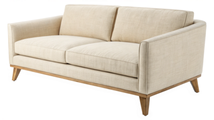Elegant twoseater sofa featuring light beige textured upholstery and exposed natural wood frame legs for modern living room comfort on transparent background