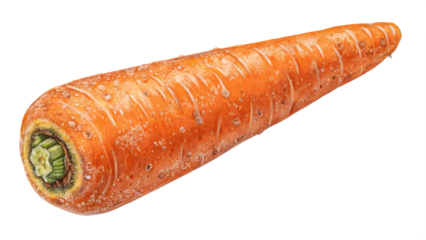 Single fresh orange carrot vegetable with visible texture and green stem end for healthy eating concepts on transparent background