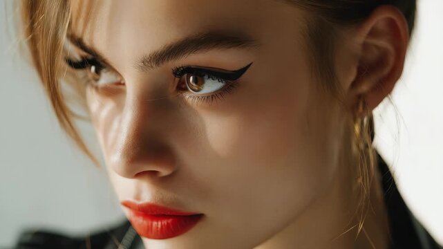 A detailed close up of a female face showcases flawless skin, dramatic eyeliner, and vibrant lipstick. The image captures contemporary makeup artistry and expressive emotion in soft lighting