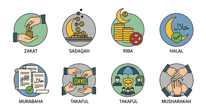 Islamic finance concepts illustrated with icons representing charity, ethical banking, and investment.