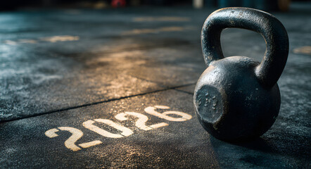 Naklejka na ściany i meble Black kettlebell placed on a dark gym mat with the year 2026 stenciled on it under dramatic lighting. New year fitness resolution and strength training