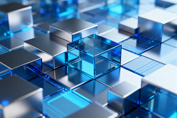 Blue and Silver Cubes in Geometric Pattern