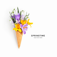 Flower arrangement with crocuses and snowdrops in waffle cone