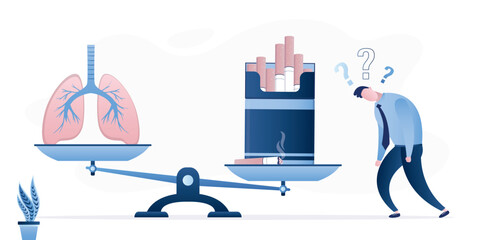 Scales with cigarettes package and healthy lungs, male character make choice between health and nicotine. Smoking addiction. Unhappy smoker. Bad habits, tobacco dependence.