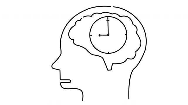Line art Profile shows a brainshaped cloud containing a clock implying thoughts about time