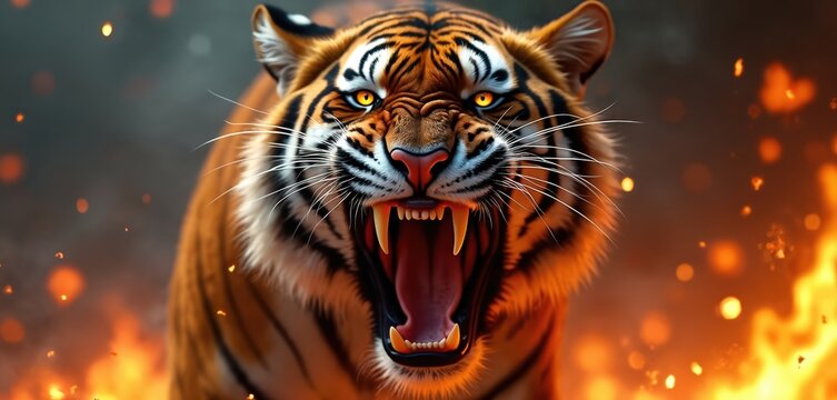Aggressive tiger roars with open mouth in fiery orange flames. This powerful predator displays sharp teeth and intense eyes, conveying primal rage. Wild animal depicted amidst glowing embers.