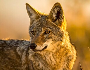 Obraz premium Close-up of a coyote with captivating gaze, bathed in warm sunset hues