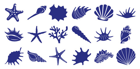 Blue Marine Life and Sea Creatures Silhouettes Collection White ocean © vector Art