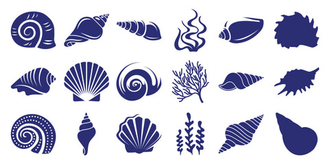 Blue Silhouette Collection of Different Seashells and Seaweed silhouettes marine
