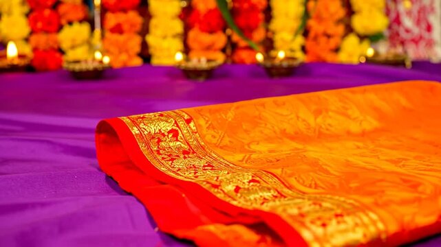 A close-up shot of a richly adorned sari in vibrant colors of orange and red, on purple fabric