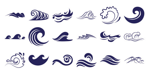 Collection of stylized deep blue wave white waves iconography