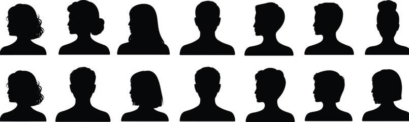 People profile avatar silhouettes collection, male and female side view heads, anonymous users, black flat vector icon set