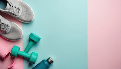 Athletic gear for workout with sneakers, dumbbells, water bottle, and towels. Ready for home fitness training session. Healthy active lifestyle flat lay.