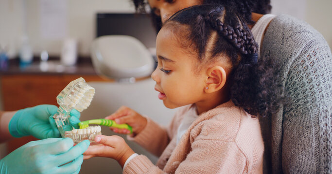 Appointment, brushing teeth or example with dentist, girl and mom in clinic for demonstration. Consulting, dental or mouth model with people in optometry office for advice, checkup or child learning