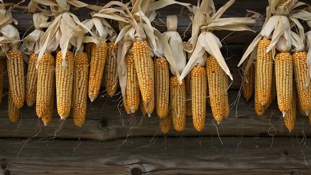 Rows of sunlit dried corn cobs hanging from a weathered wooden barn wall in harvest season