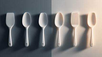 A collection of six clean and modern spoons, perfectly aligned against a dual-toned background, highlighting the variations in their design