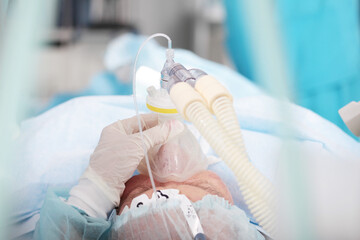 A breathing tube in the patient's mouth during surgery. Anesthesia before surgery. An elderly man in the operating room. Intubation of the trachea under anesthesia..