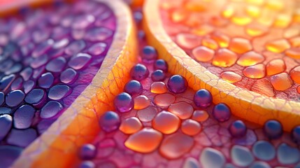 Abstract close-up of multicolored cellular structures resembling halved fruit