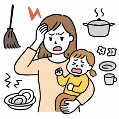 家事と育児に追われてイライラするママ（泣く子ども・掃除・料理・皿洗い）手描き風シンプルイラスト