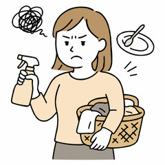 家事育児の負担でイライラするママ（洗濯・掃除・皿洗い） 手描き風シンプルイラスト