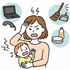 家事・育児・仕事に追われてイライラするワーキングマザー（在宅ワーク/電話/掃除）手描き風イラスト