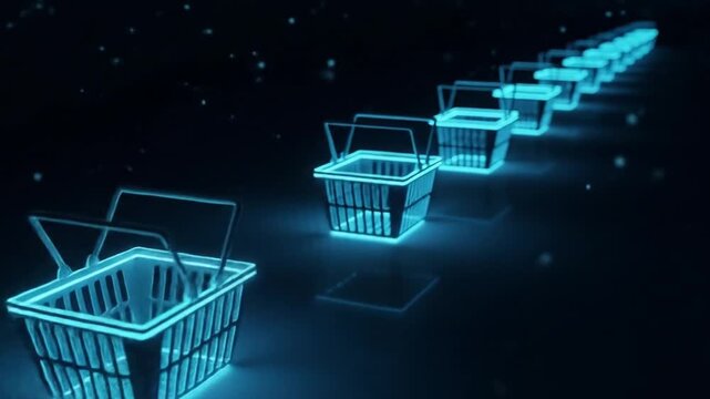 Row of glowing blue digital shopping baskets extending into a dark, abstract space