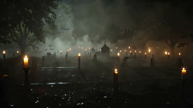 Moonlit cemetery at midnight with torches, fog, and ghostly silhouettes