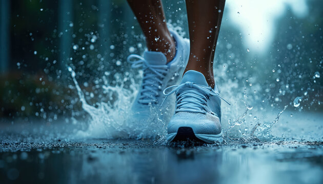 Close up of white running shoes splashing through puddles on wet city street during rain. Athlete trains actively despite bad weather conditions, showing determination. Feet move fast, water droplets