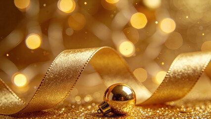 Golden Christmas ornament and ribbon on glittering background with bokeh lights