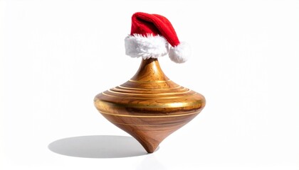 Wooden spinning top with Santa hat on white background.