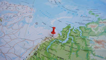 Naklejka premium View of Vorkuta, is a coal-mining town in the Komi Republic, Russia, marked with red push pin