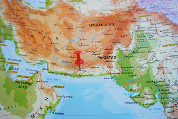 Naklejka premium View of Tump, is a city in Tump Tehsil in the Tump District of Balochistan province of Pakistan, on geographical map of Asia, marked with red push pin