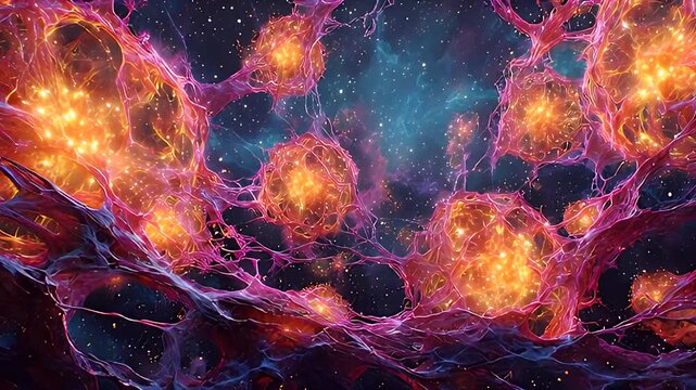 Colorful abstract representation of glowing neurons in a cosmic setting.