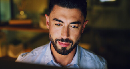 Computer, man and reading in office at night for article review, proofreading and fact checking....