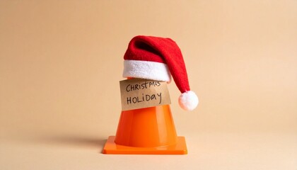 Santa hat on traffic cone with holiday note on beige background.