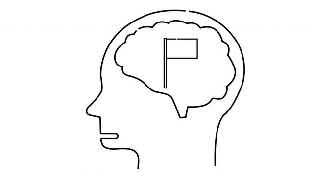 Head profile with brain outline containing a flag all drawn in simple black lines on white