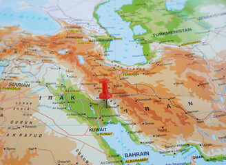 Naklejka premium View of Ahvaz, is a city in the Central District of Ahvaz County, Khuzestan province, Iran, on geographical map of Asia, marked with red push pin