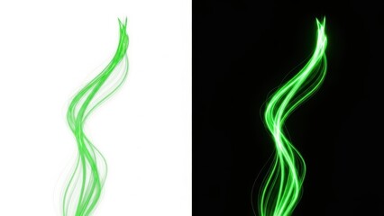 Bright green glowing whisker-like lines on contrasting white and black backgrounds abstract