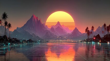 Fototapeta premium Neon retro-futurist 80s synthwave landscape background 