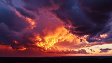 Obraz premium 90.A breathtaking sky at golden hour, with brilliant hues of orange and yellow blending seamlessly into deep purple storm clouds, creating a dramatic summer evening atmosphere.