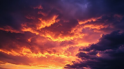 Fototapeta premium 90.A breathtaking sky at golden hour, with brilliant hues of orange and yellow blending seamlessly into deep purple storm clouds, creating a dramatic summer evening atmosphere.