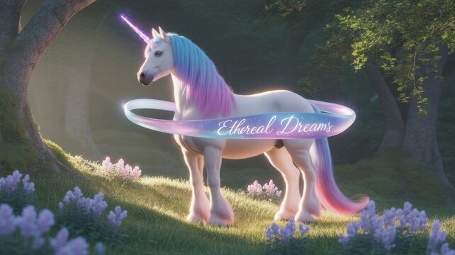 Unicorn in Ethereal Dreams: A magnificent unicorn stands gracefully amidst a mystical woodland glade. Its flowing mane and tail shimmer with pastel hues, an ethereal hoop swirling around it.