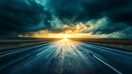 75.A cinematic shot of a rain-soaked highway stretching endlessly, with storm clouds rolling in above, the diffused light of the sun barely breaking through the thick atmosphere.
