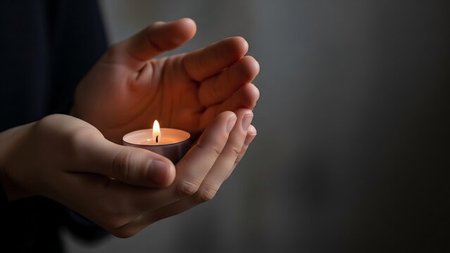 Hands cupping a small, lit candle, creating a warm glow against a dark, softly blurred background, symbolizing hope and rememintimate apparelnce