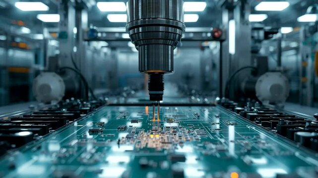 Industrial CNC machine drilling a circuit board inside a factory with metal components and coolant