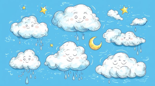 54.A collection of hand-drawn cartoon clouds in various moods, featuring happy sunlit clouds, grumpy rain clouds with falling droplets, a swirling tornado cloud, and a sleepy crescent moon with tiny