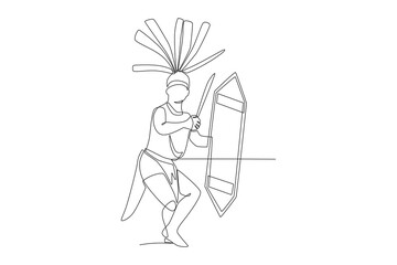 A man wearing traditional Dayak clothing complete with a mandau and talawang. Dayak concept one-line drawing